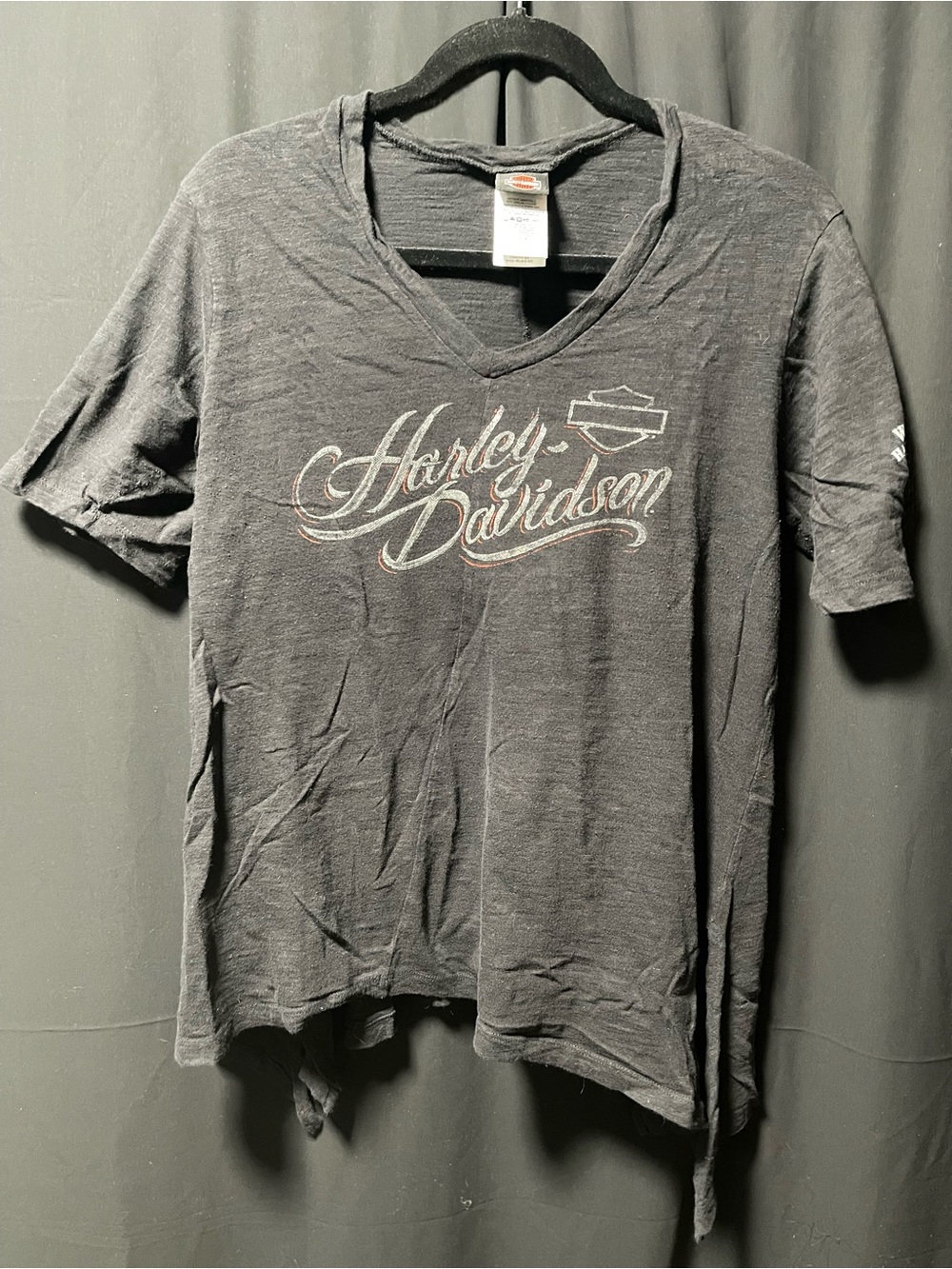 Harley-Davidson Women's Black V-Neck Script Logo Tee with Faded Print